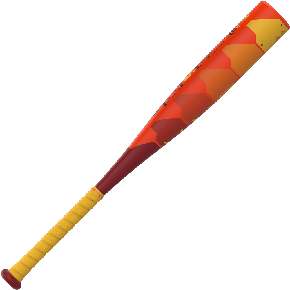 The 2025 Easton Hype Fire JBB (-10) USSSA Baseball Bat features a yellow grip, red-to-orange gradient barrel with hexagonal pattern, and advanced Thermo-Composite technology for top performance.