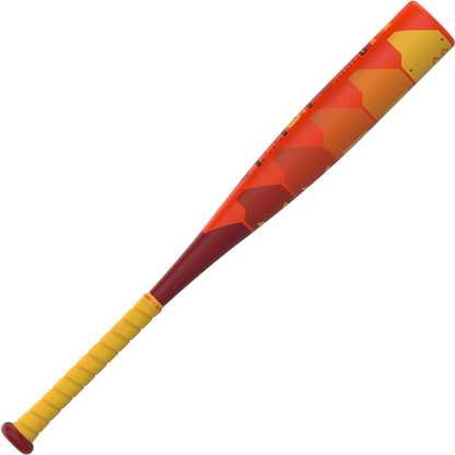 The 2025 Easton Hype Fire JBB (-10) USSSA Baseball Bat features a yellow grip, red-to-orange gradient barrel with hexagonal pattern, and advanced Thermo-Composite technology for top performance.