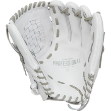 The Easton Professional Collection 12.5" Fastpitch Softball Glove (EPCFP125-3W) features premium white steerhide leather, gray laces, and "Easton Professional Collection" on the palm—ideal as a fastpitch utility glove.