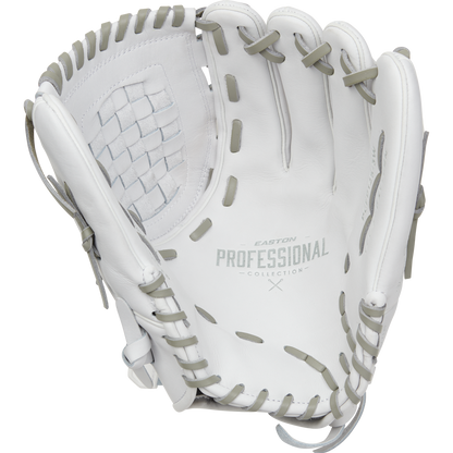 The Easton Professional Collection 12.5" Fastpitch Softball Glove (EPCFP125-3W) features premium white steerhide leather, gray laces, and "Easton Professional Collection" on the palm—ideal as a fastpitch utility glove.