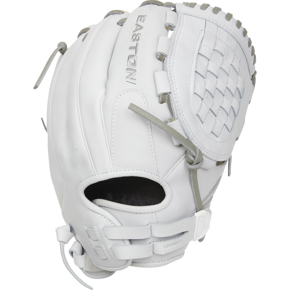 The Easton Professional Collection 12.5" Fastpitch Softball Glove (EPCFP125-3W) features premium white steerhide leather, grey laces, a closed web, and an open wrist area, shown against a plain background.