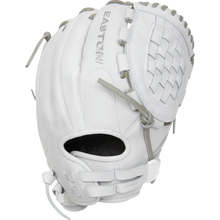 The Easton Professional Collection 12.5" Fastpitch Softball Glove (EPCFP125-3W) features premium white steerhide leather, grey laces, a closed web, and an open wrist area, shown against a plain background.