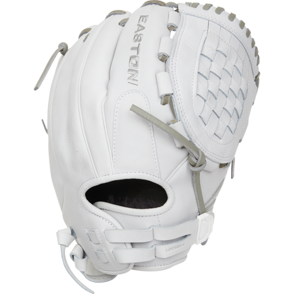 The Easton Professional Collection 12.5" Fastpitch Softball Glove (EPCFP125-3W) features premium white steerhide leather, grey laces, a closed web, and an open wrist area, shown against a plain background.