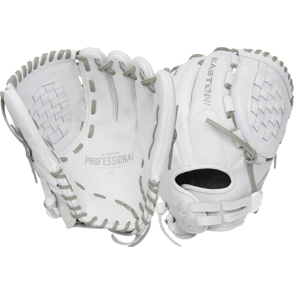Two Easton Professional Collection 12.5" Fastpitch Softball Gloves (EPCFP125-3W) made of premium steerhide leather with gray lacing are shown—one palm-side up, one back-side up—against a plain white background.