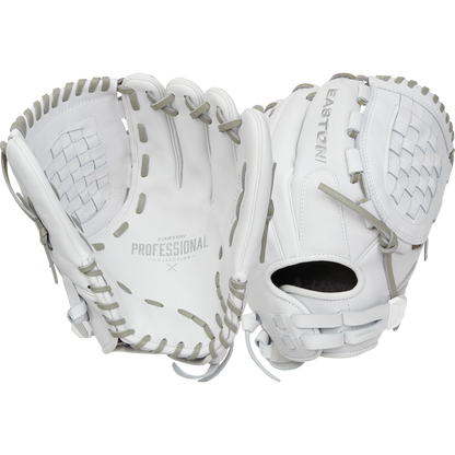 Two Easton Professional Collection 12.5" Fastpitch Softball Gloves (EPCFP125-3W) made of premium steerhide leather with gray lacing are shown—one palm-side up, one back-side up—against a plain white background.