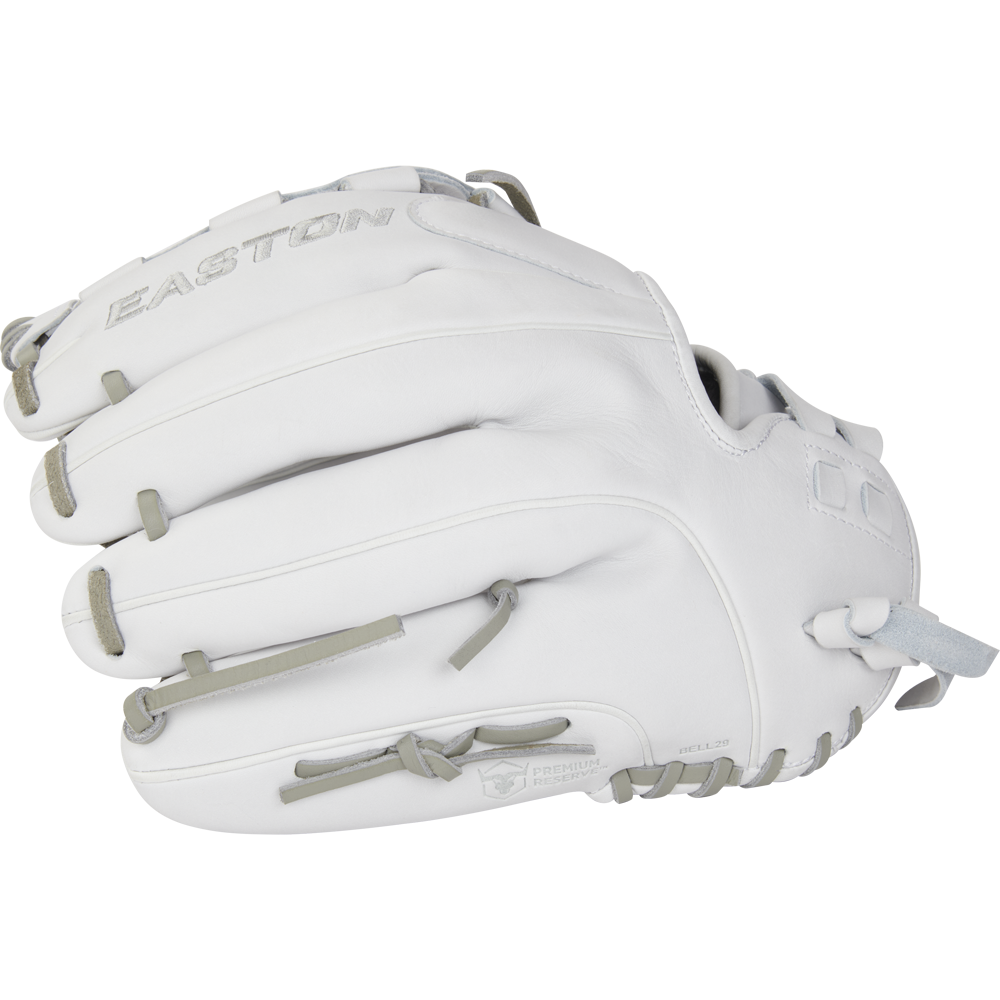 The Easton Professional Collection 12.5" Fastpitch Softball Glove (EPCFP125-3W) is a white premium steerhide glove with grey laces and Easton's logo embossed on the back, shown new against a plain white background.