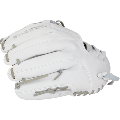 The Easton Professional Collection 12.5" Fastpitch Softball Glove (EPCFP125-3W) is a white premium steerhide glove with grey laces and Easton's logo embossed on the back, shown new against a plain white background.