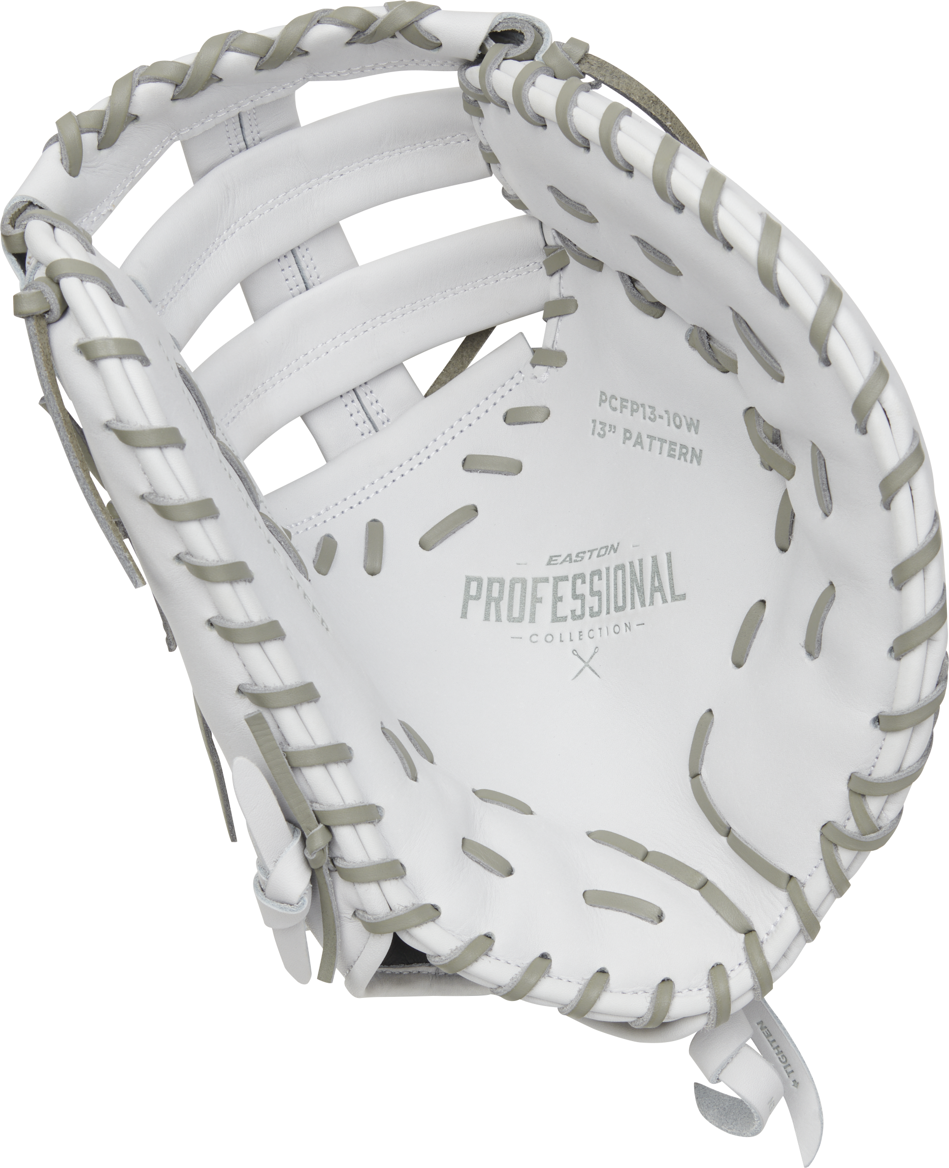 The Easton Professional Collection 13" Fastpitch Softball First Base Mitt (EPCFP13-10W) features detailed stitching for premium comfort and performance, inspired by Easton's renowned quality.