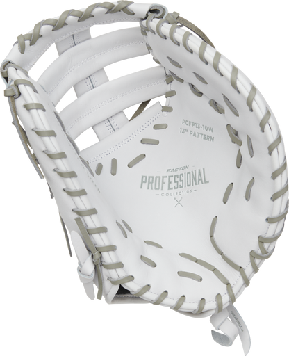 The Easton Professional Collection 13" Fastpitch Softball First Base Mitt (EPCFP13-10W) features detailed stitching for premium comfort and performance, inspired by Easton's renowned quality.