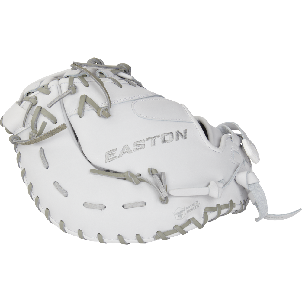 The Easton Professional Collection 13" Fastpitch Softball First Base Mitt (EPCFP13-10W) is a white glove with grey stitching, designed specifically for fastpitch players.