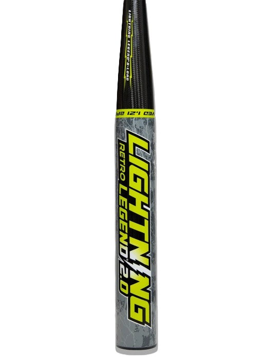 The Dudley 2026 Lightning Legend Retro 2.0 LLBSP2R is a gray and black SSUSA senior slowpitch softball bat with bold yellow and white "LIGHTNING RETRO LEGEND 2.0" lettering, a textured handle, and a yellow ring near the top showing USSSA 1.21.