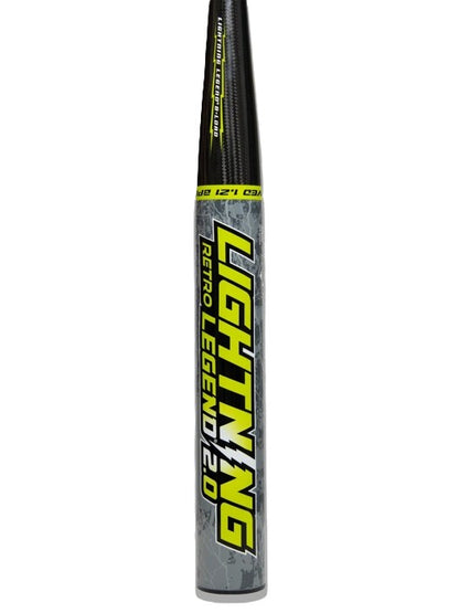 The Dudley 2026 Lightning Legend Retro 2.0 LLBSP2R is a gray and black SSUSA senior slowpitch softball bat with bold yellow and white "LIGHTNING RETRO LEGEND 2.0" lettering, a textured handle, and a yellow ring near the top showing USSSA 1.21.
