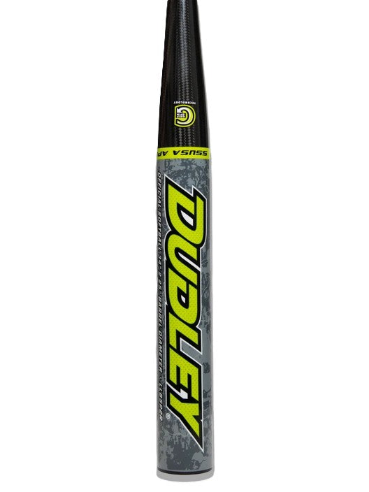 The 2026 Dudley Lightning Legend Retro 2.0 13" Balanced SSUSA Senior Slowpitch Softball Bat (LLBSP2R) features a gray and black design with a bold yellow and black DUDLEY logo running vertically along the barrel.