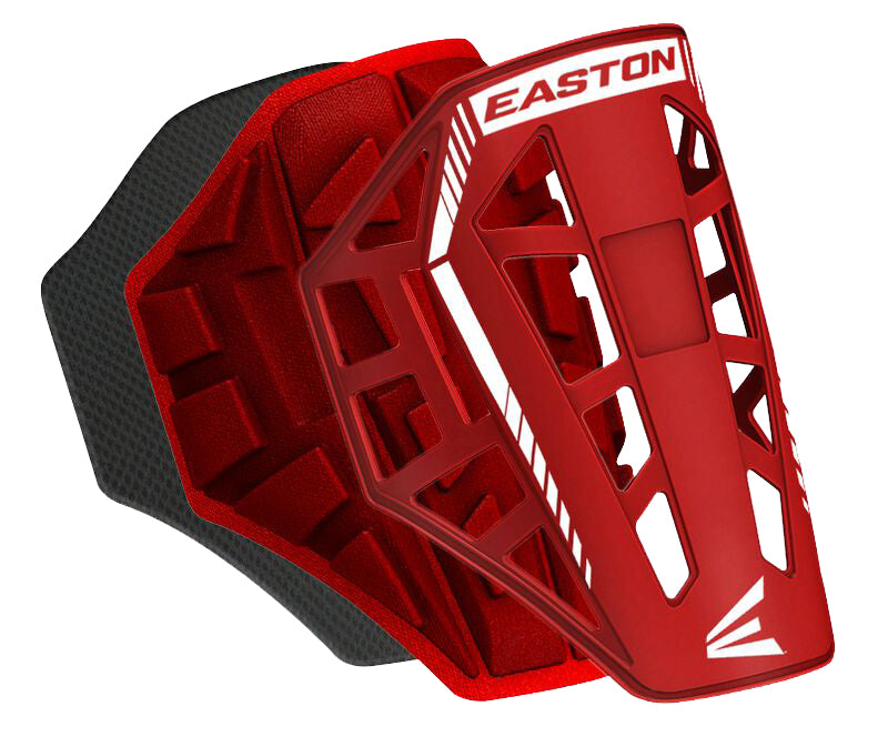 The Easton Compact Batter Elbow Guard: ES37 is a red and black elbow guard with "Easton" in white on the red front, featuring a vented, angular design and padded interior for batter protection.
