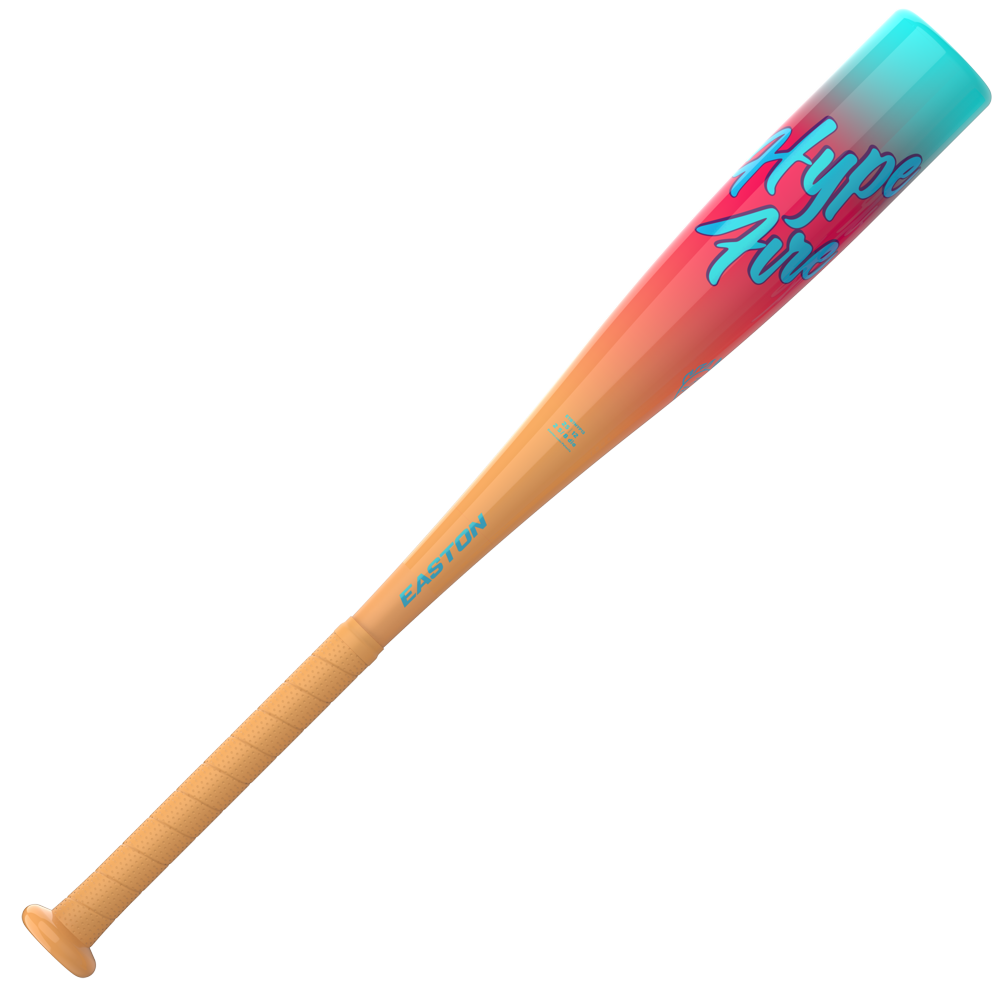 The 2027 Easton Hype Fire (-13) 2 5/8" USA T-Ball Baseball Bat (ETB7HYP13) features a tan handle and a barrel that transitions from orange to teal, accented with bright "Hyper Area" lettering. Crafted by Easton and equipped with Hyperlite Composite technology, this USA Baseball bat is an outstanding choice for young T-ball players.