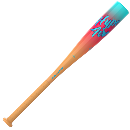 The 2027 Easton Hype Fire (-13) 2 5/8" USA T-Ball Baseball Bat (ETB7HYP13) features a tan handle and a barrel that transitions from orange to teal, accented with bright "Hyper Area" lettering. Crafted by Easton and equipped with Hyperlite Composite technology, this USA Baseball bat is an outstanding choice for young T-ball players.