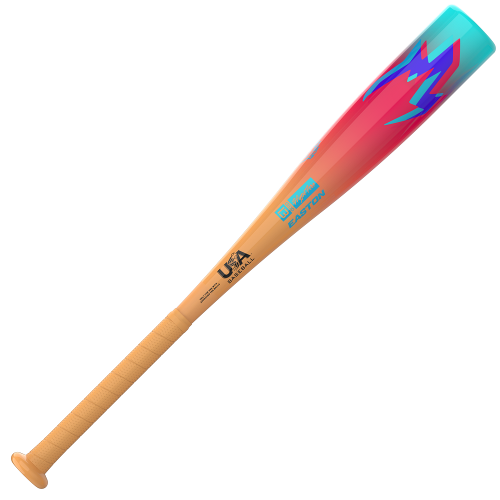 The 2027 Easton Hype Fire (-13) 2 5/8" USA T-Ball Baseball Bat (ETB7HYP13) features a tan, wrapped handle and a striking barrel with a bold red-to-blue gradient and angular graphics. Constructed with Easton's Hyperlite Composite for enhanced performance, this bat prominently displays both the USA Baseball and Easton logos.