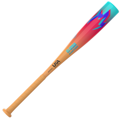 The 2027 Easton Hype Fire (-13) 2 5/8" USA T-Ball Baseball Bat (ETB7HYP13) features a tan, wrapped handle and a striking barrel with a bold red-to-blue gradient and angular graphics. Constructed with Easton's Hyperlite Composite for enhanced performance, this bat prominently displays both the USA Baseball and Easton logos.
