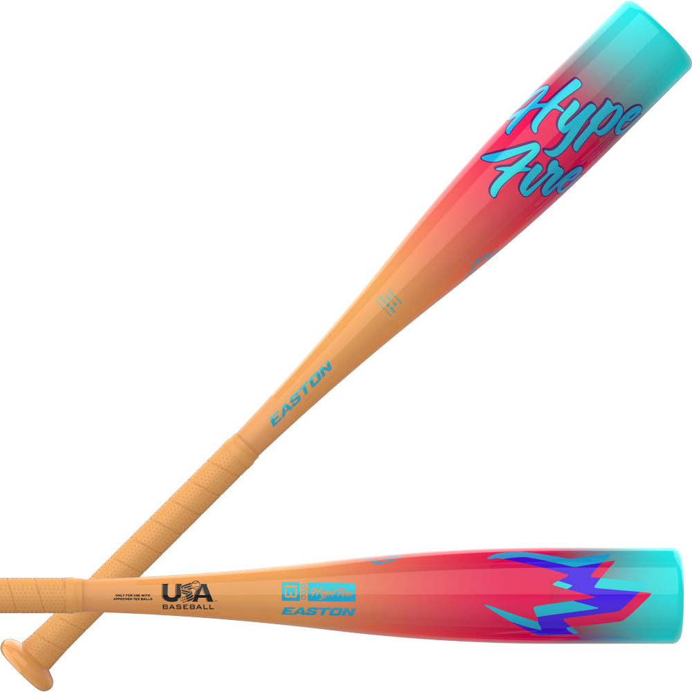 Certainly! Here’s a rewritten sentence using your product data: Two orange Easton T-ball baseball bats with gradient turquoise and pink barrels. One is the 2027 Easton Hype Fire (-13) 2 5/8" USA T-Ball Baseball Bat (ETB7HYP13), featuring prominent "Hype Fire" lettering, while the other showcases a vivid blue lightning bolt design. Both bats are crafted with Hyperlite Composite technology, have textured grips, and display bold Easton branding.