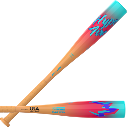 Certainly! Here’s a rewritten sentence using your product data: Two orange Easton T-ball baseball bats with gradient turquoise and pink barrels. One is the 2027 Easton Hype Fire (-13) 2 5/8" USA T-Ball Baseball Bat (ETB7HYP13), featuring prominent "Hype Fire" lettering, while the other showcases a vivid blue lightning bolt design. Both bats are crafted with Hyperlite Composite technology, have textured grips, and display bold Easton branding.