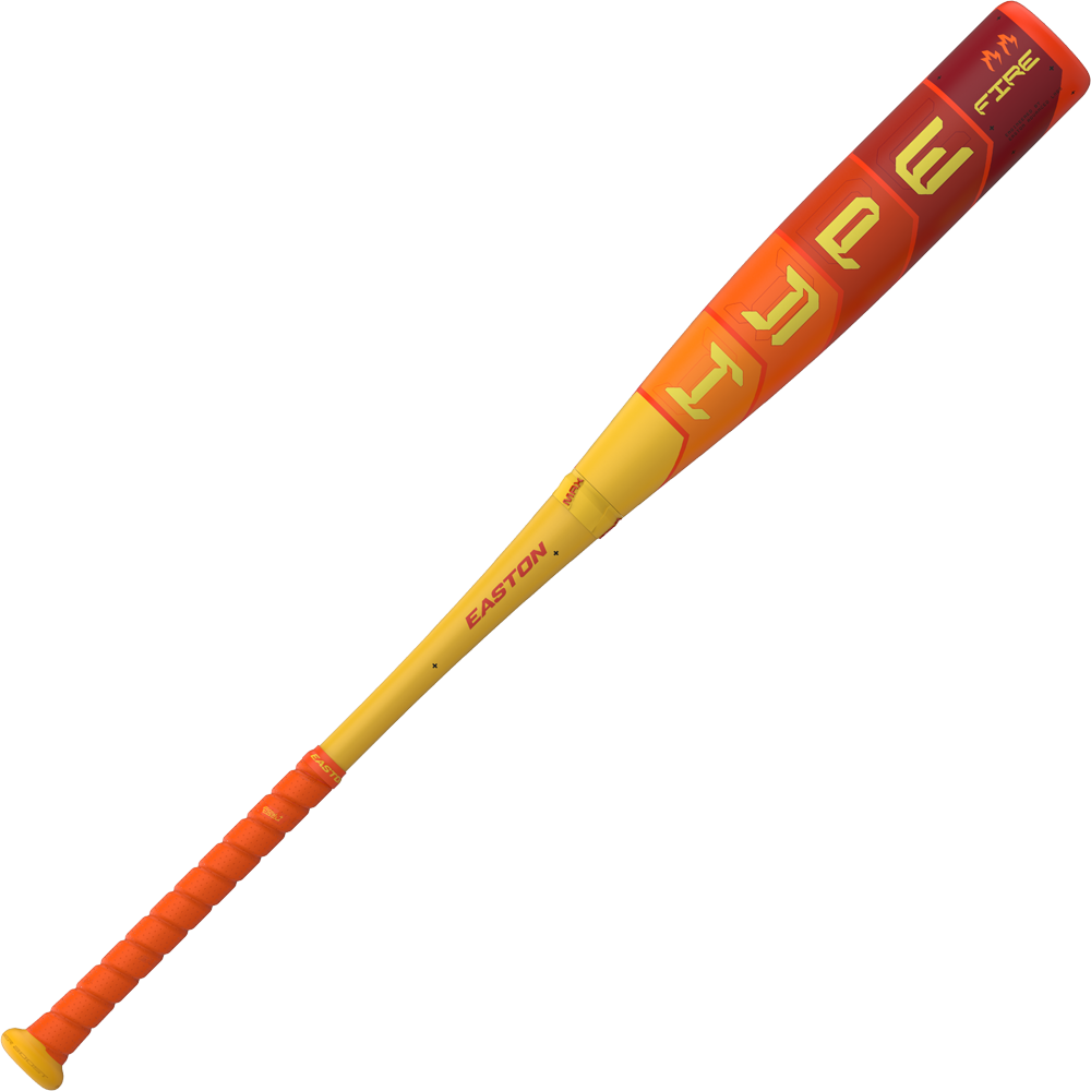 The 2025 Easton Hype Fire (-11) 2 5/8" USA Baseball Bat (EUS5HYP11) features bold red and yellow gradient colors, "HYPE" on the barrel, "EASTON" on the handle, an orange grip, and advanced 3D Ropecoil composite technology.