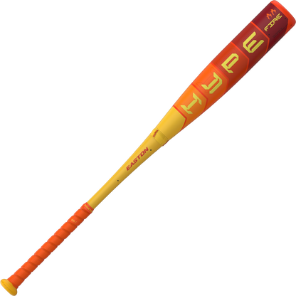 The 2025 Easton Hype Fire (-11) 2 5/8" USA Baseball Bat (EUS5HYP11) features bold red and yellow gradient colors, "HYPE" on the barrel, "EASTON" on the handle, an orange grip, and advanced 3D Ropecoil composite technology.