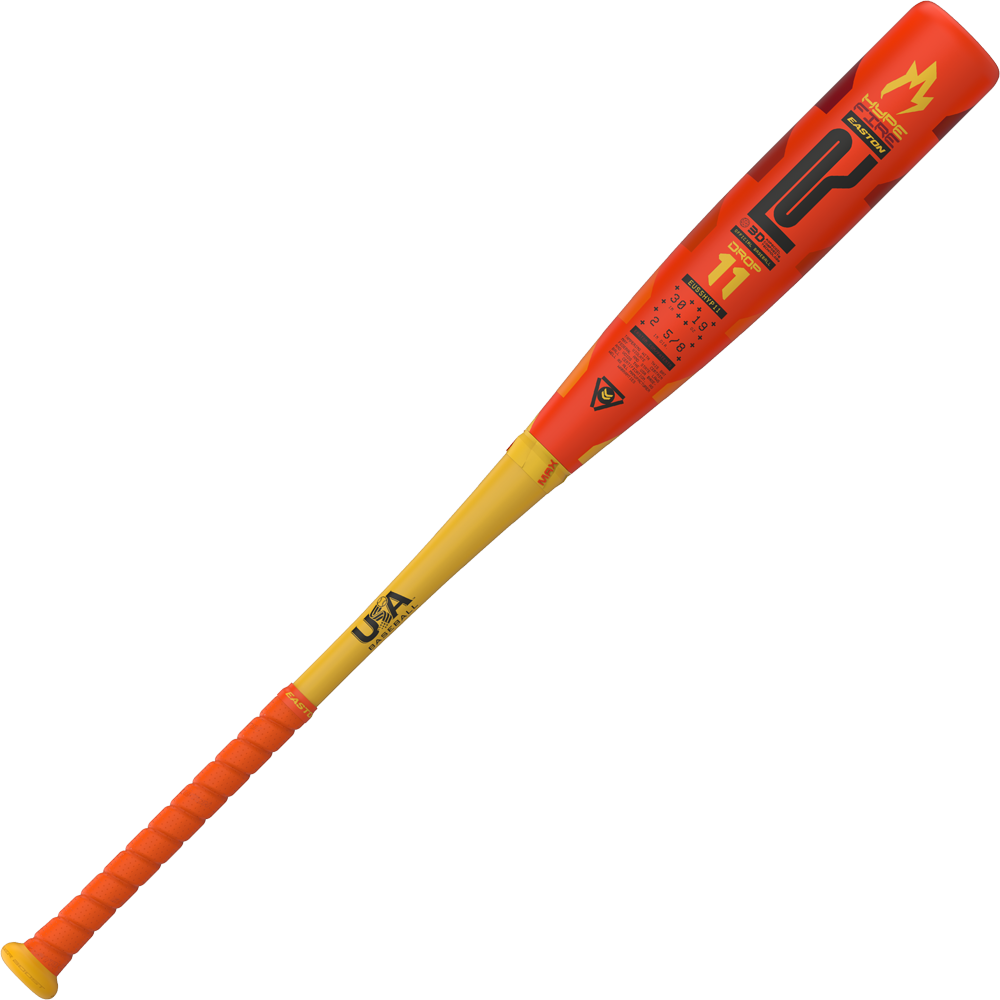 The 2025 Easton Hype Fire (-11) 2 5/8" USA Baseball Bat (EUS5HYP11) features a bright orange handle, yellow lower barrel, and red upper barrel with bold graphics, including a flame symbol and logos. The textured grip ensures a secure hold.