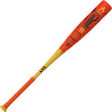 The 2025 Easton Hype Fire (-11) 2 5/8" USA Baseball Bat (EUS5HYP11) features a bright orange handle, yellow lower barrel, and red upper barrel with bold graphics, including a flame symbol and logos. The textured grip ensures a secure hold.