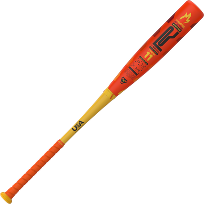 The 2025 Easton Hype Fire (-11) 2 5/8" USA Baseball Bat (EUS5HYP11) features a bright orange handle, yellow lower barrel, and red upper barrel with bold graphics, including a flame symbol and logos. The textured grip ensures a secure hold.