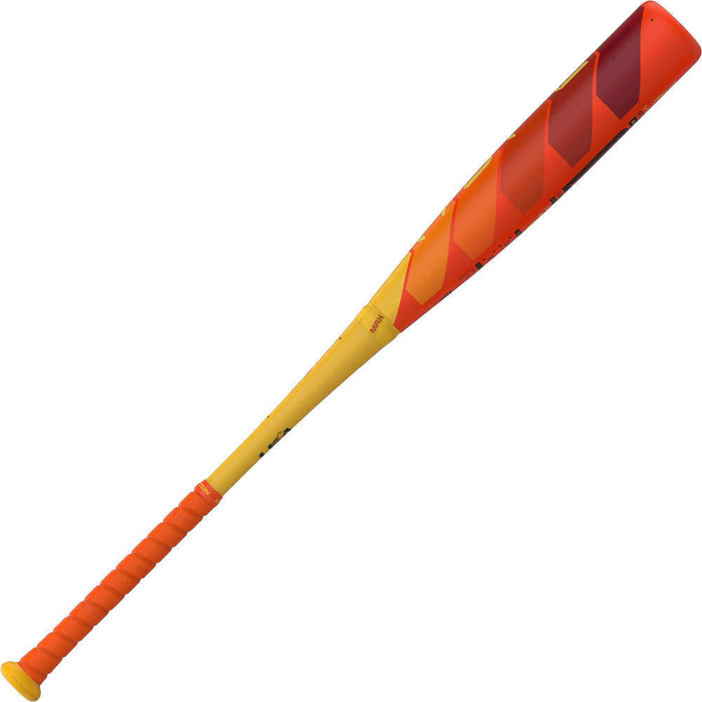 The 2025 Easton Hype Fire (-11) USA Baseball Bat (EUS5HYP11) features a bold yellow handle, orange grip, red/orange geometric barrel, and advanced Easton 3D Ropecoil composite technology.