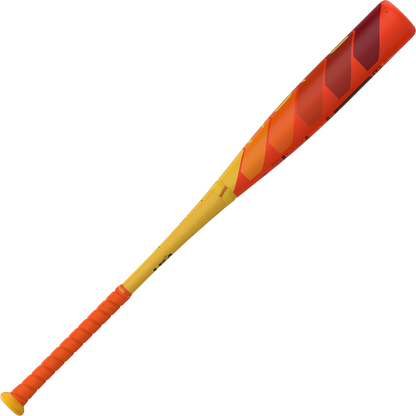 The 2025 Easton Hype Fire (-11) USA Baseball Bat (EUS5HYP11) features a bold yellow handle, orange grip, red/orange geometric barrel, and advanced Easton 3D Ropecoil composite technology.