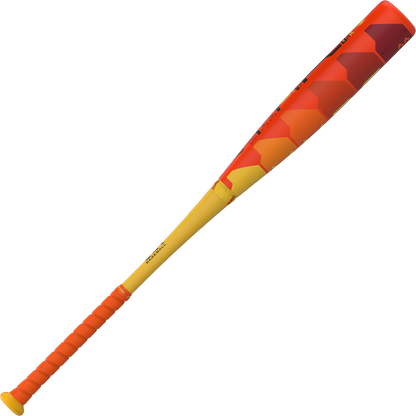 The 2025 Easton Hype Fire (-11) 2 5/8" USA Baseball Bat (EUS5HYP11) by Easton features a yellow handle and grip blending into a red-orange hexagonal barrel, made with advanced 3D Ropecoil composite, shown on a plain white background.
