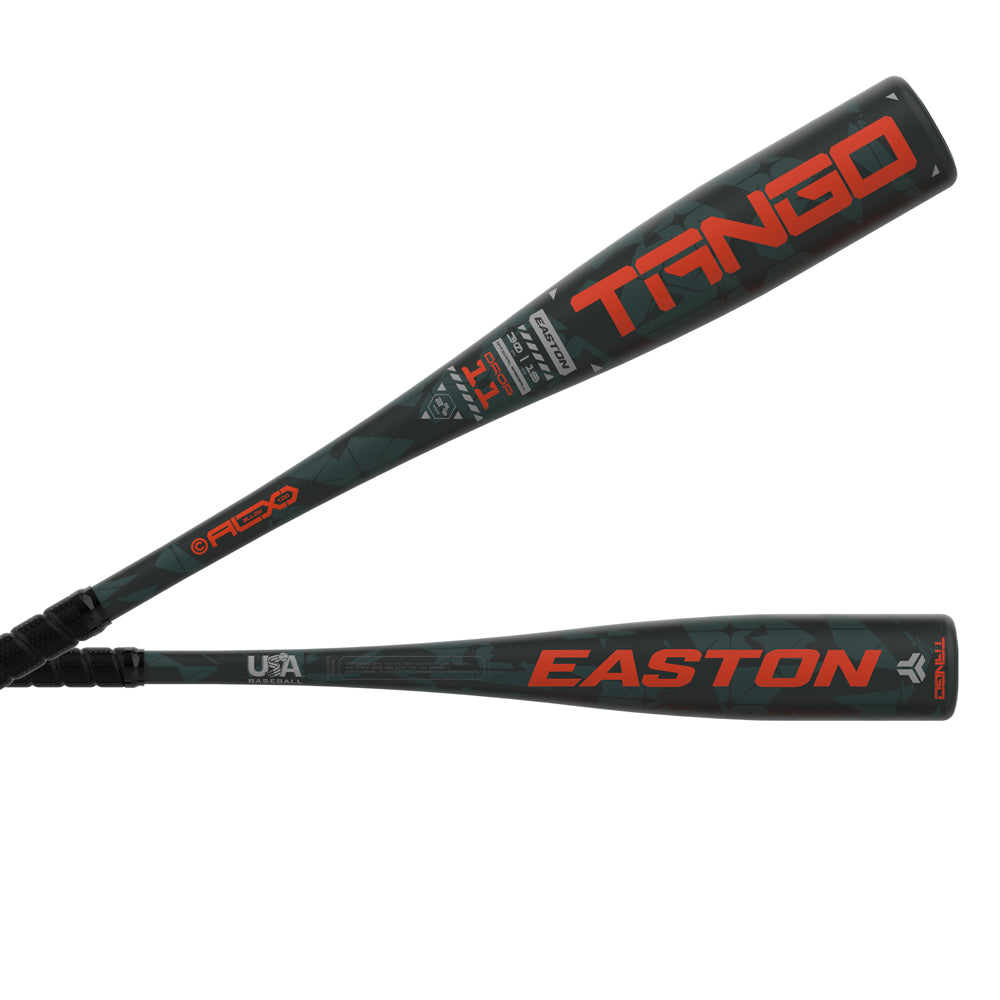 Two views of the 2025 Easton Tango (-11) 2 5/8" USA Baseball Bat (EUS5TNG11) showcase its green camo design, bold orange TRANGO and EASTON branding, youth specs, and various logos.