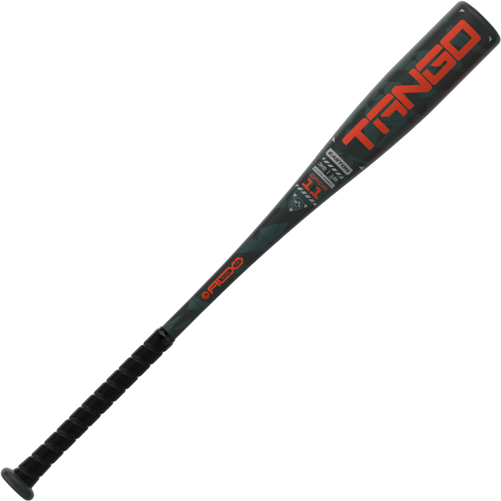The 2025 Easton Tango (-11) 2 5/8" USA Baseball Bat (EUS5TNG11) features a black design with red and white TANGO branding, a textured grip, and a tapered barrel—ideal for young players.