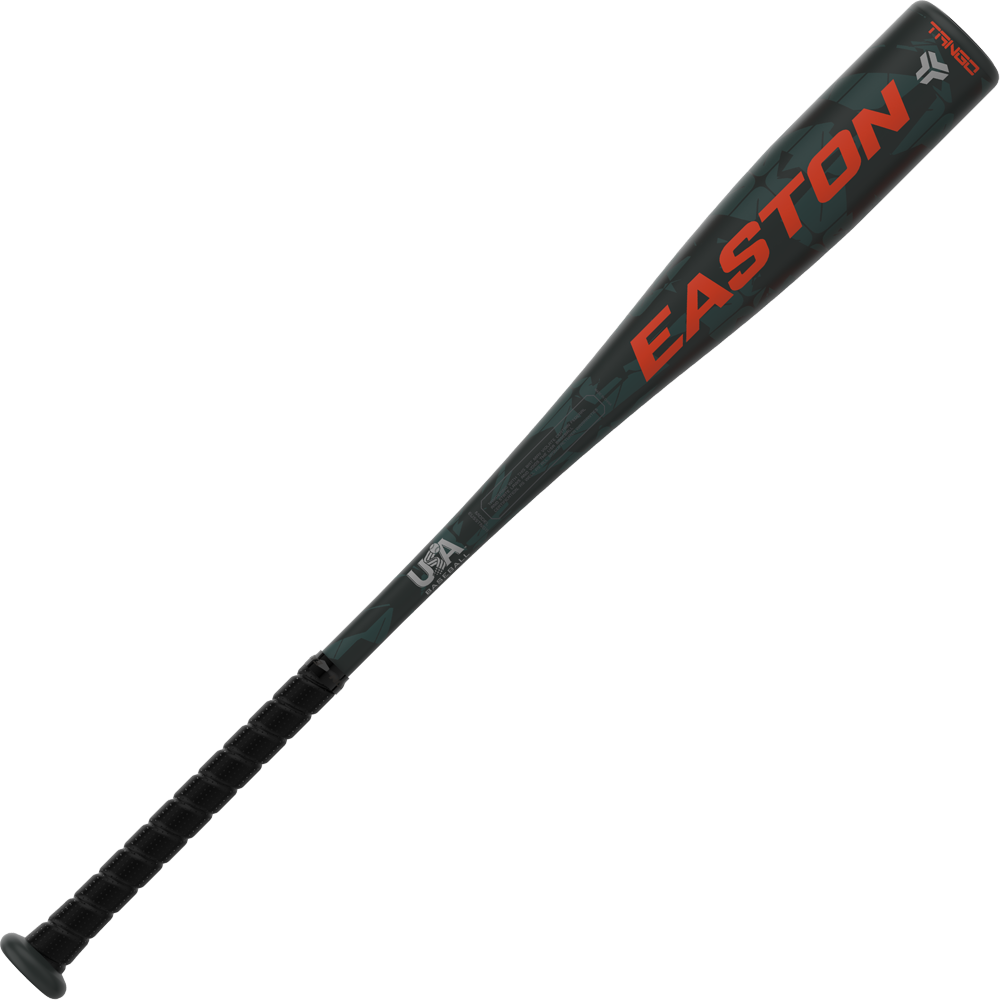 The 2025 Easton Tango (-11) 2 5/8" USA Baseball Bat (EUS5TNG11) features a black and gray design with orange lettering, a textured black grip, and is engineered for young players seeking top performance.