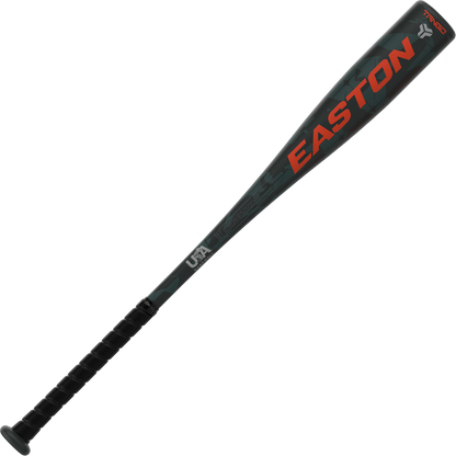 The 2025 Easton Tango (-11) 2 5/8" USA Baseball Bat (EUS5TNG11) features a black and gray design with orange lettering, a textured black grip, and is engineered for young players seeking top performance.