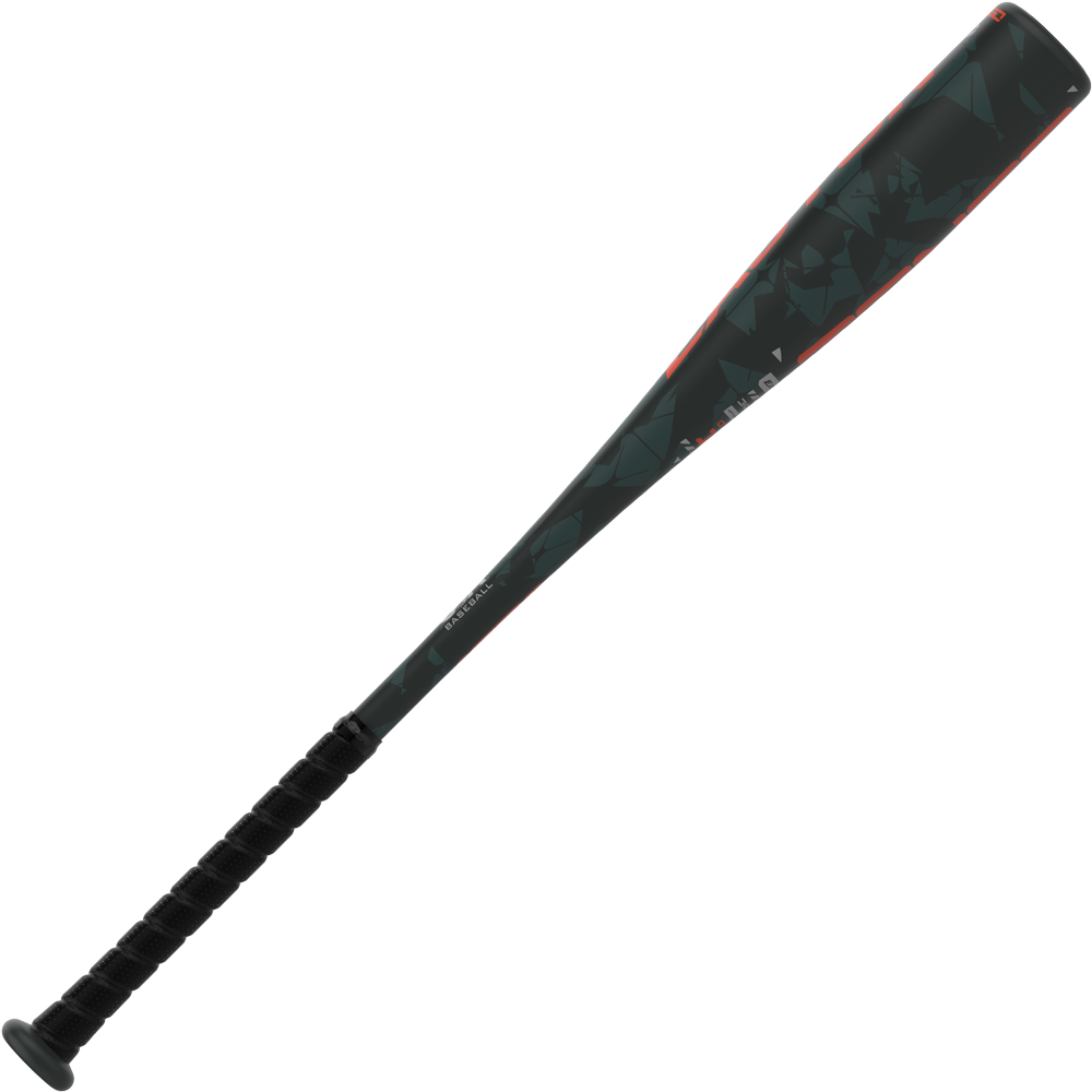 The 2025 Easton Tango (-11) 2 5/8" USA Baseball Bat (EUS5TNG11) showcases a black and dark green design with red accents and a textured grip handle, presented on a white background.