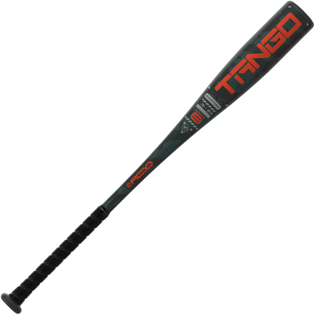 A black and dark green 2025 Easton Tango (-8) 2 5/8" USA Baseball Bat (EUS5TNG8) with an orange TANGO logo and wrapped handle from Easton, displayed on a white background.