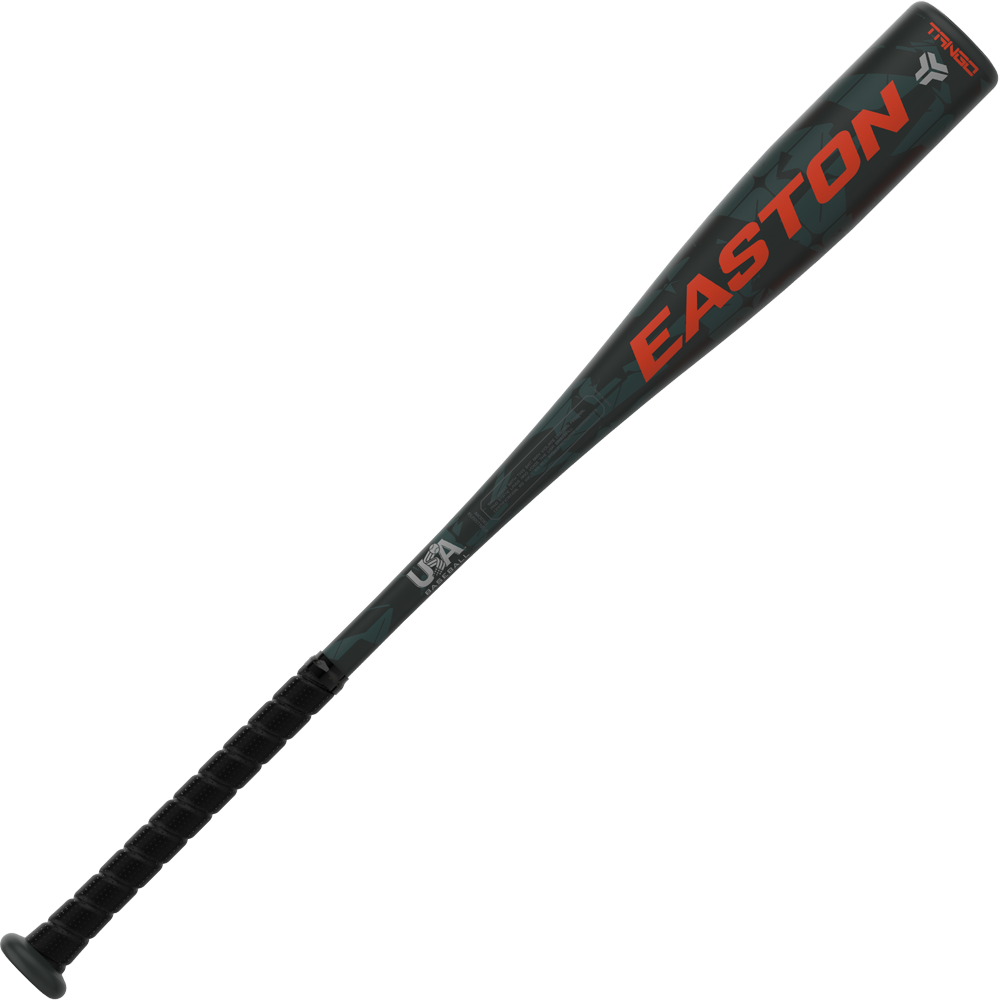 A black and gray 2025 Easton Tango (-8) USA Baseball Bat (EUS5TNG8) features red lettering, a black grip handle, and the brand name EASTON displayed along the barrel.