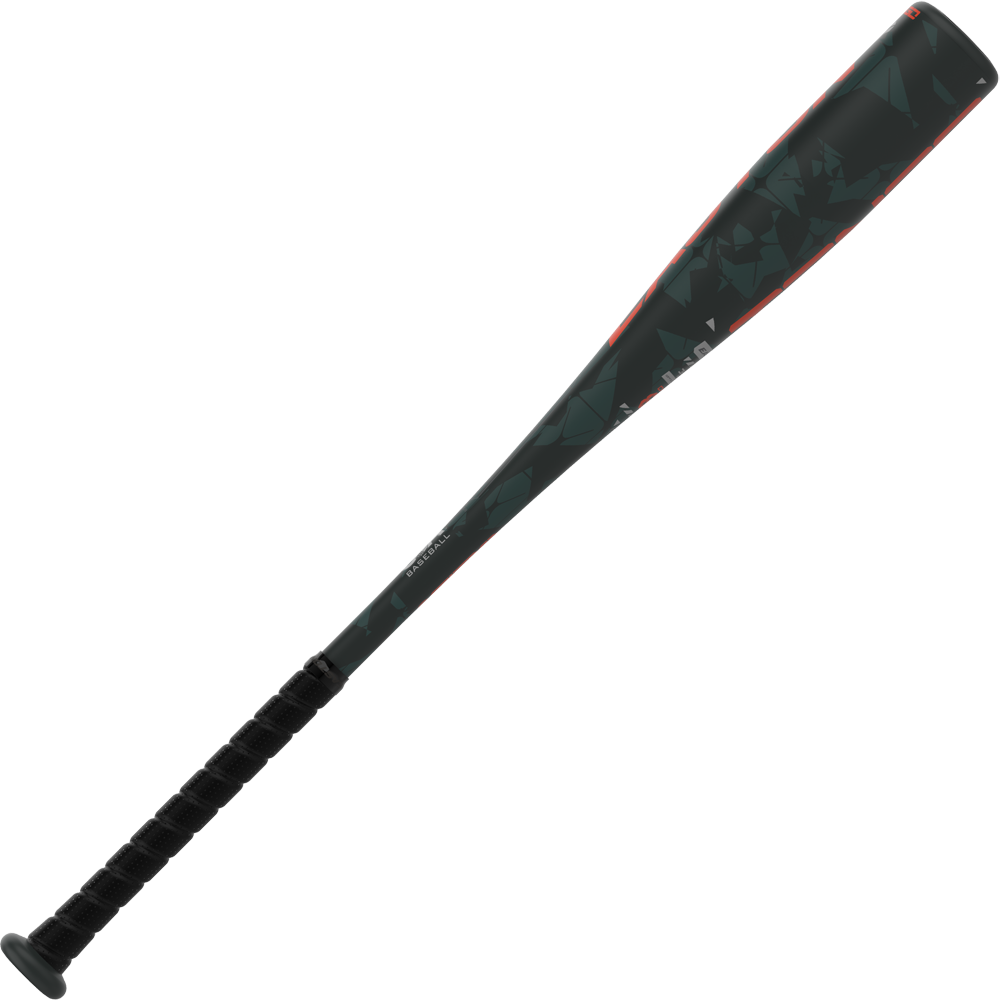 The 2025 Easton Tango (-8) 2 5/8" USA Baseball Bat (EUS5TNG8) features a black design with an abstract dark pattern, textured grip, and subtle red accents—ideal for youth players. Shown against a plain white background.