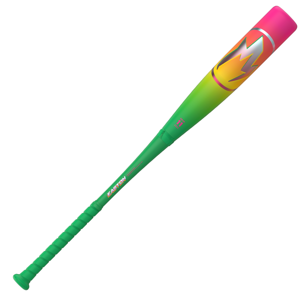 The 2026 Easton Hype Fire (-11) USA bat features a green handle and midsection fading to yellow, orange, and a pink top, with a lightning bolt design and “EASTON” near the handle. USA certified. Brand: Easton. Model: EUS6HYP11.