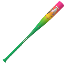 The 2026 Easton Hype Fire (-5) 2 5/8" USA Baseball Bat (EUS6HYP5) features a green handle and barrel, fading to orange and pink with a white lightning bolt design, bold Easton branding, 3D Ropecoil Composite, and is USA certified.