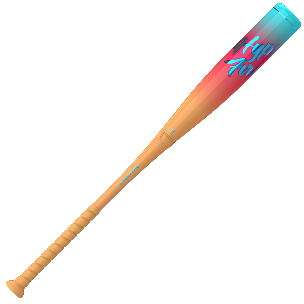 A wooden-handled baseball bat featuring a striking gradient barrel design that shifts from orange to blue, adorned with bold graffiti-style lettering inspired by the lively aesthetic of the Easton Hype Fire. Modeled after the 2027 Easton Hype Fire (-11) 2 5/8″ USA Baseball Bat: EUS7HYP11 by Easton, this bat is expertly engineered for peak performance with advanced ConneXion Max technology.