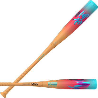 Two vibrant 2027 Easton Hype Fire (-11) 2 5/8″ USA Baseball Bats (EUS7HYP11) with an orange-to-blue gradient design—one highlighting a blue and pink Chop Art logo, the other showcasing USA Baseball and Easton branding. Both bats feature wrapped handles, a glossy finish, and cutting-edge technologies such as ConneXion Max and 3D Ropecoil Composite, exclusive to the Easton Hype Fire.