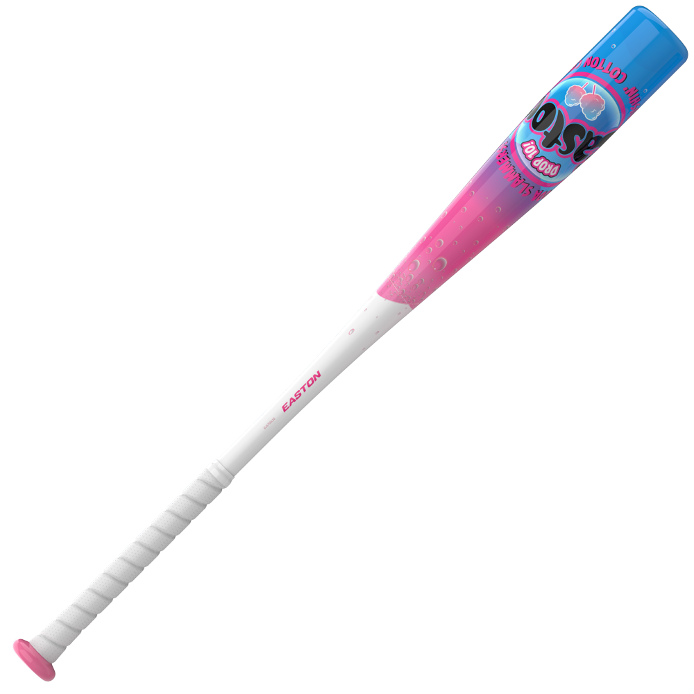 2027 Easton Soda Slammers Crushin’ Cotton Candy (-10) 2 5/8″ USA Baseball Bat featuring a white handle, a pink barrel with a bubble pattern, and a blue end cap with a cotton candy graphic.