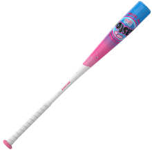 2027 Easton Soda Slammers Crushin’ Cotton Candy (-10) 2 5/8″ USA Baseball Bat featuring a white handle, a pink barrel with a bubble pattern, and a blue end cap with a cotton candy graphic.