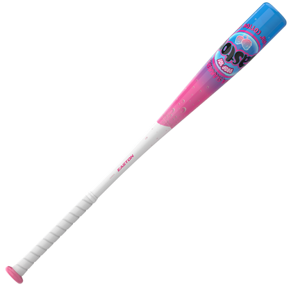 2027 Easton Soda Slammers Crushin’ Cotton Candy (-10) 2 5/8″ USA Baseball Bat featuring a white handle, a pink barrel with a bubble pattern, and a blue end cap with a cotton candy graphic.