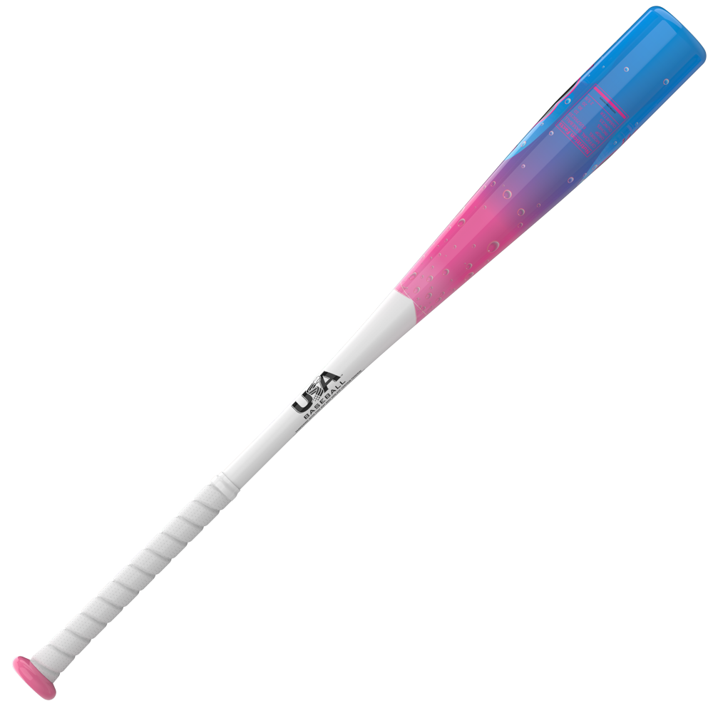 2027 Easton Soda Slammers Crushin’ Cotton Candy (-10) 2 5/8″ USA Baseball Bat with a white handle and a pink-to-blue gradient barrel featuring a bubble pattern.