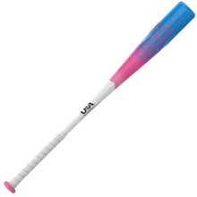 2027 Easton Soda Slammers Crushin’ Cotton Candy (-10) 2 5/8″ USA Baseball Bat with a white handle and a pink-to-blue gradient barrel featuring a bubble pattern.