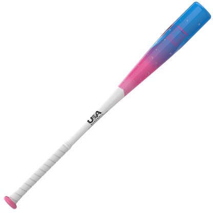 2027 Easton Soda Slammers Crushin’ Cotton Candy (-10) 2 5/8″ USA Baseball Bat with a white handle and a pink-to-blue gradient barrel featuring a bubble pattern.
